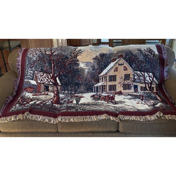 Goodwin Weavers Winter Farm Scene Tapestry Throw Blanket Sleigh Cotton Woven USA - Picture 1 of 7